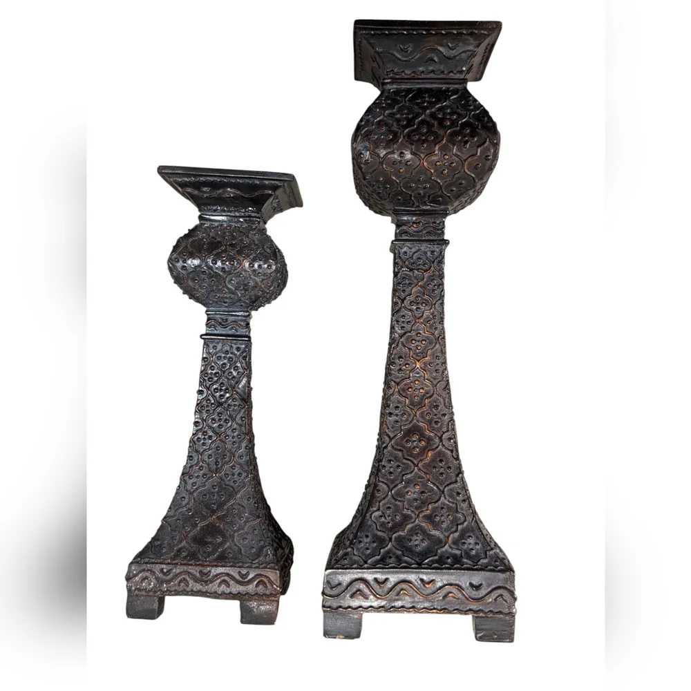 Vintage Restoration Hardware Hammered Bronze Pillar Candle Holders & Candles - Picture 5 of 11